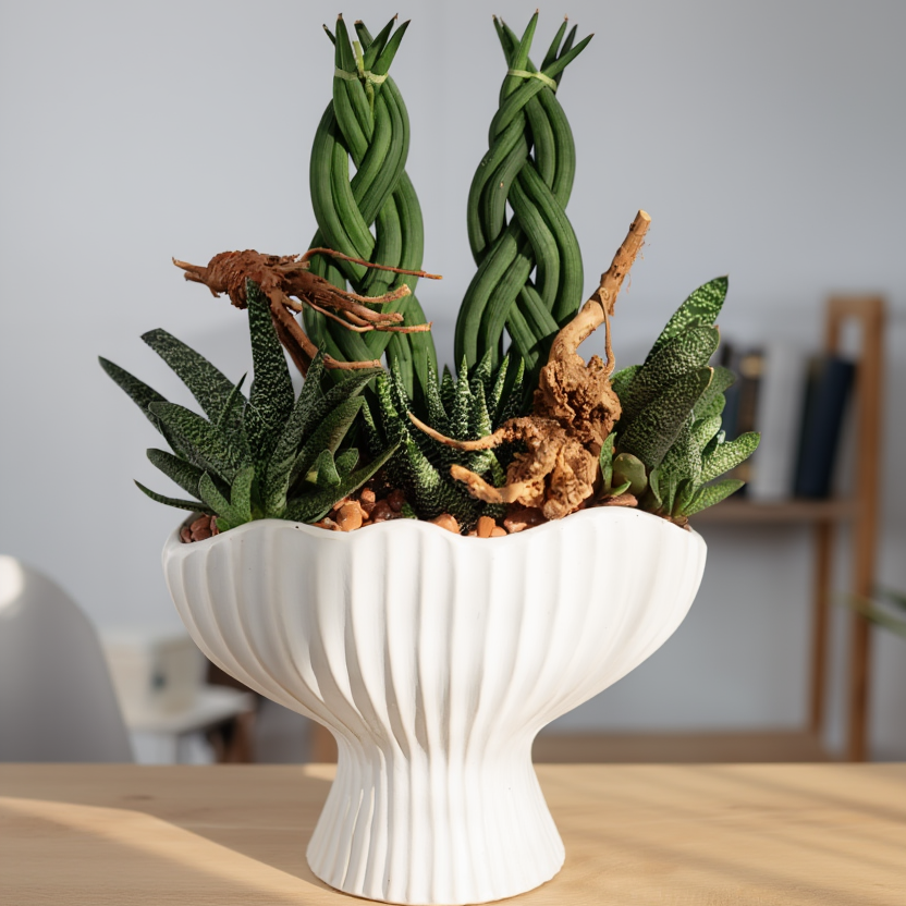 Braided Sansevieria Cylindrica Succulent Arrangement in Decorative Bowl – Modern Indoor Plant Set