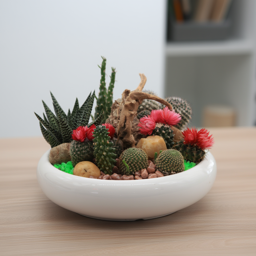 Mini Cactus and Succulent Garden in Decorative Ceramic Bowl – Indoor Tabletop Plant Arrangement
