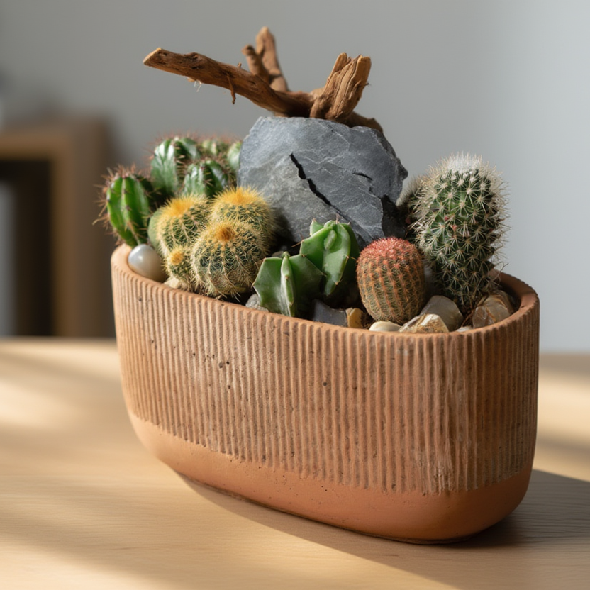 Premium Cactus and Succulent Landscape Arrangement in Ceramic Planter – Modern Indoor Desert Garden