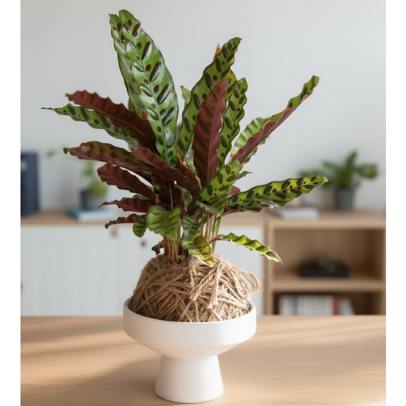 Kokedama Calathea Rattlesnake (Calathea lancifolia) with Ceramic Stand – Premium Indoor Decorative Plant