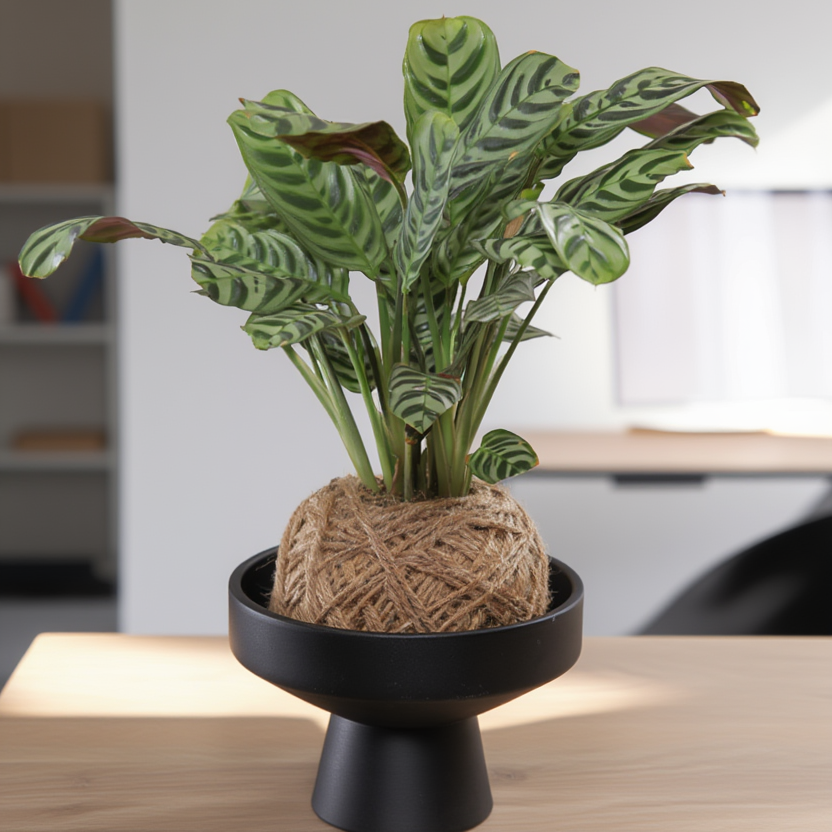 Kokedama Prayer Plant (Maranta) with Ceramic Base – Indoor Decorative Table Plant