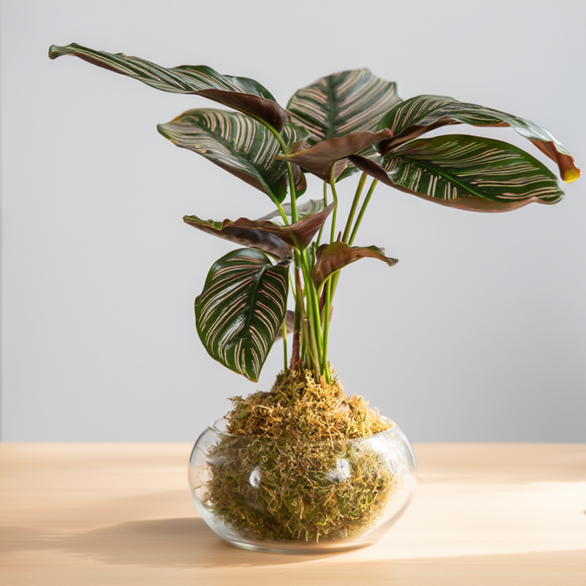 Kokedama Calathea Pinstripe (Calathea ornata) in Glass Bowl – Premium Indoor Decorative Plant