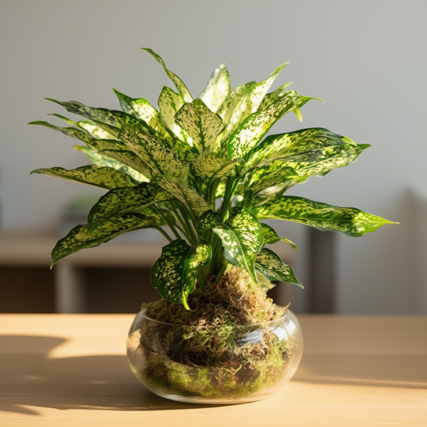 Kokedama Aglaonema in Glass Bowl – Indoor Decorative Plant