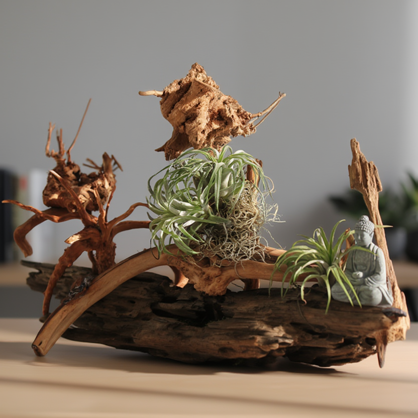 Tillandsia Air Plant Driftwood Arrangement with Buddha Accent – Premium Décor Piece