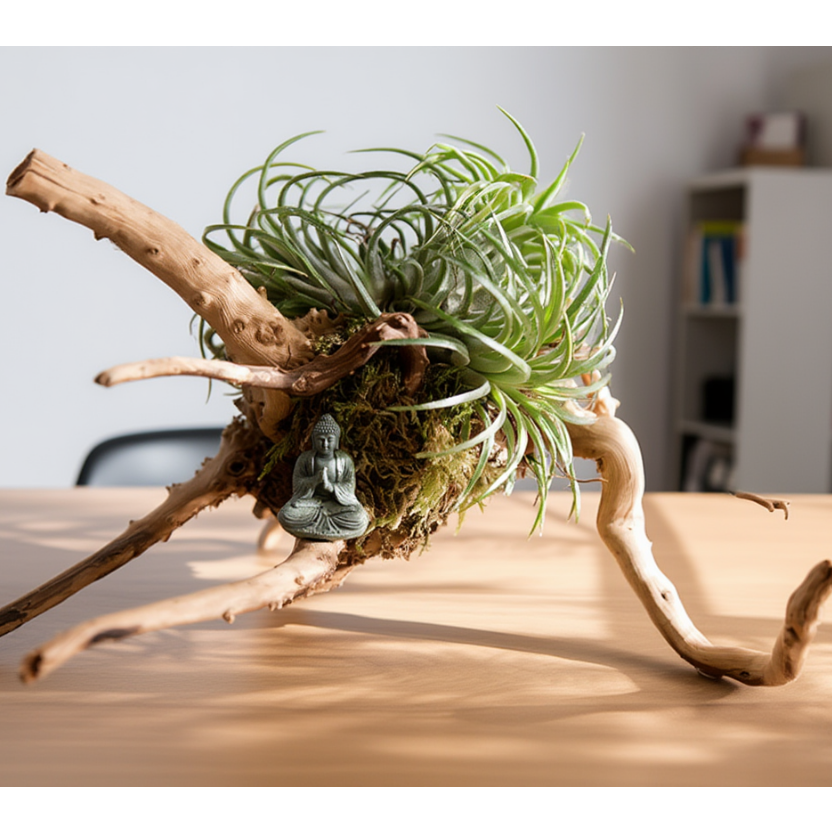 Premium Tillandsia Air Plant Driftwood Arrangement with Buddha Accent – Artistic Indoor Décor
