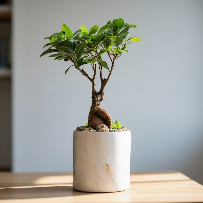 Potted plant on a table with a blurred background