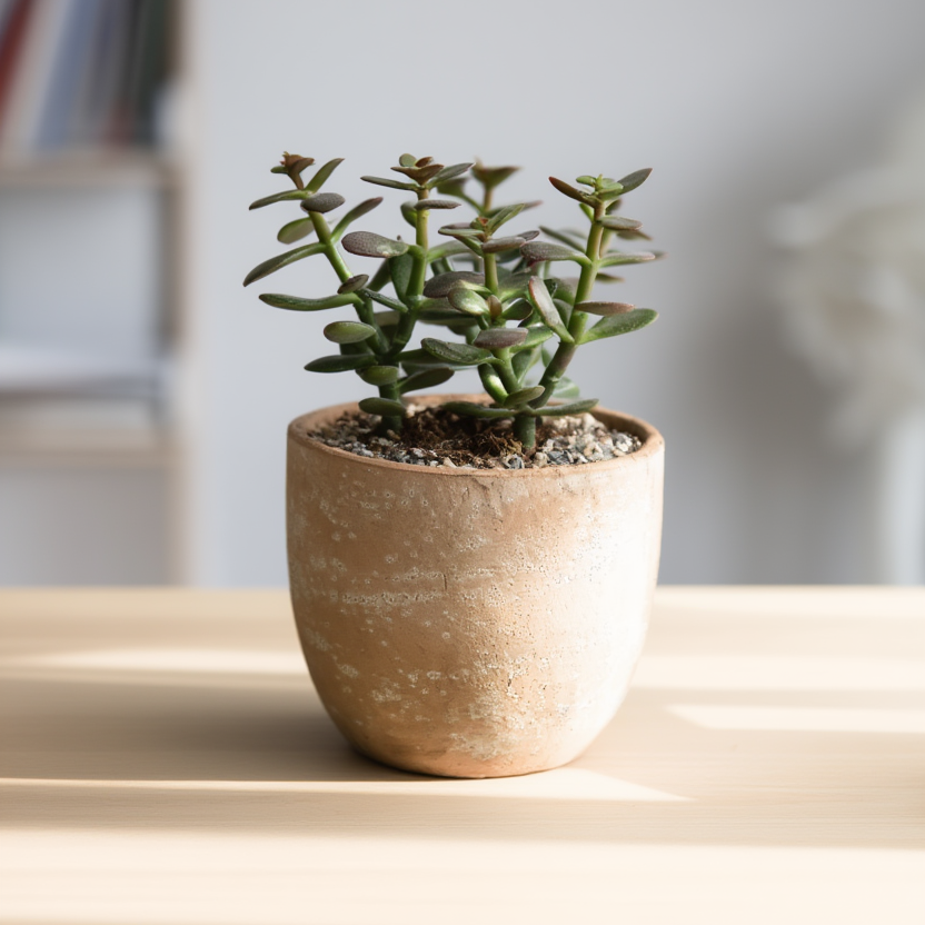 Small potted plant on a wooden surface with a blurred background