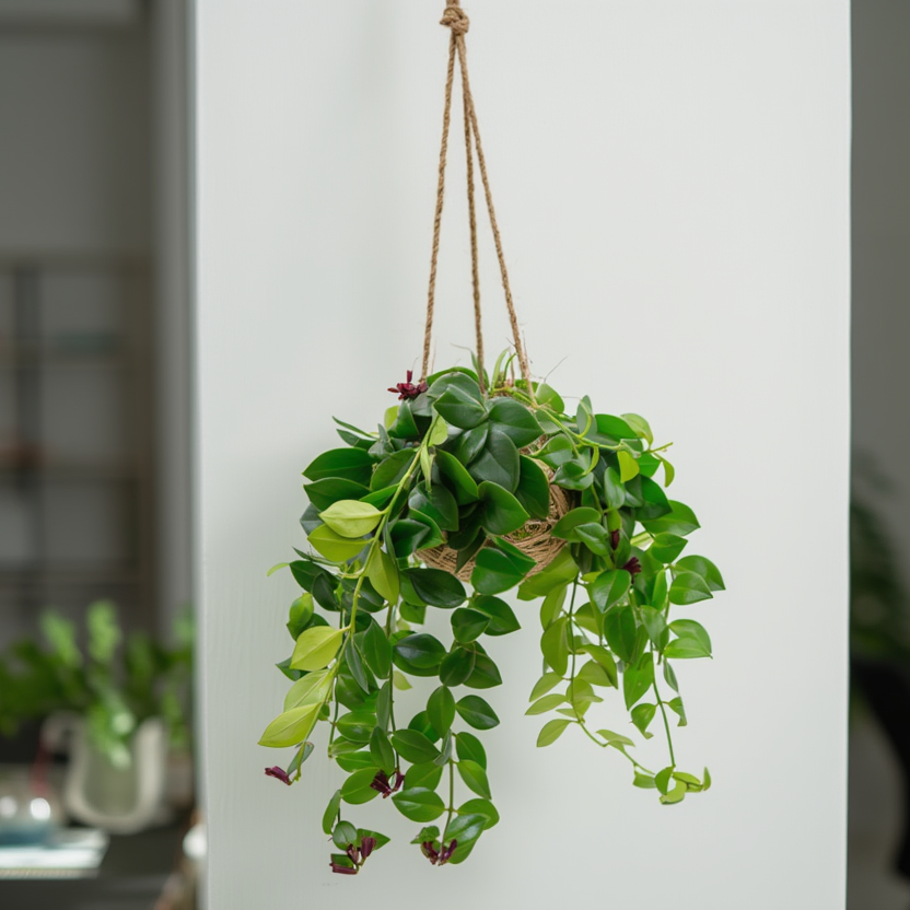 Hanging green plant in a room with blurred background