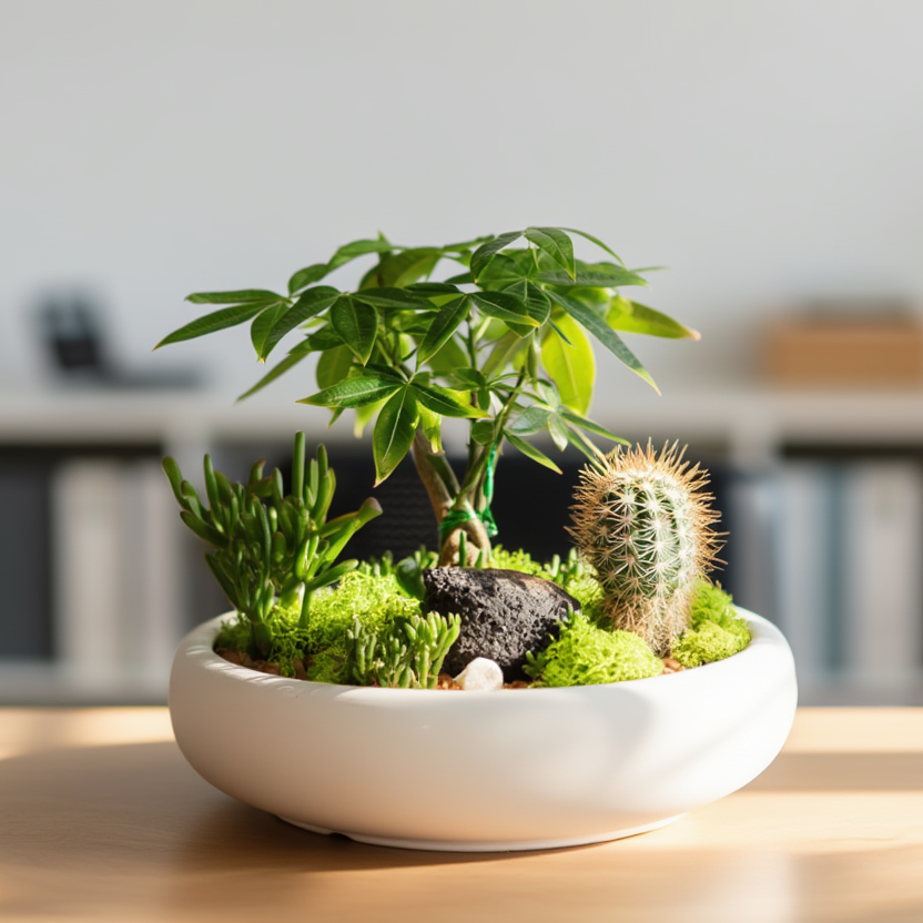 Potted plant with a cactus on a wooden surface