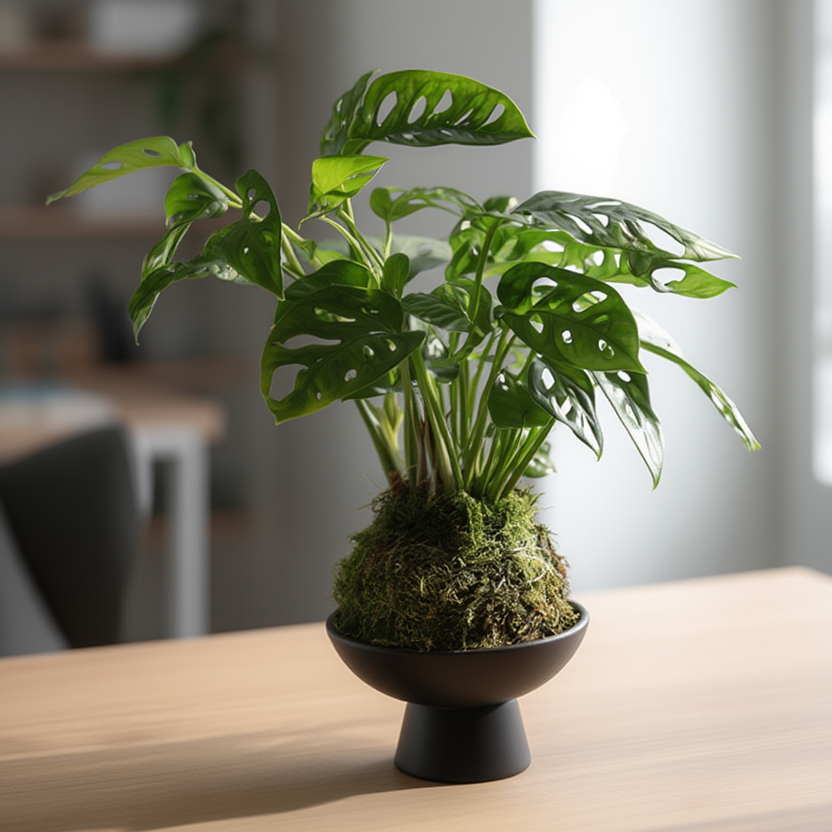 Green potted plant on a wooden table with a blurred indoor background