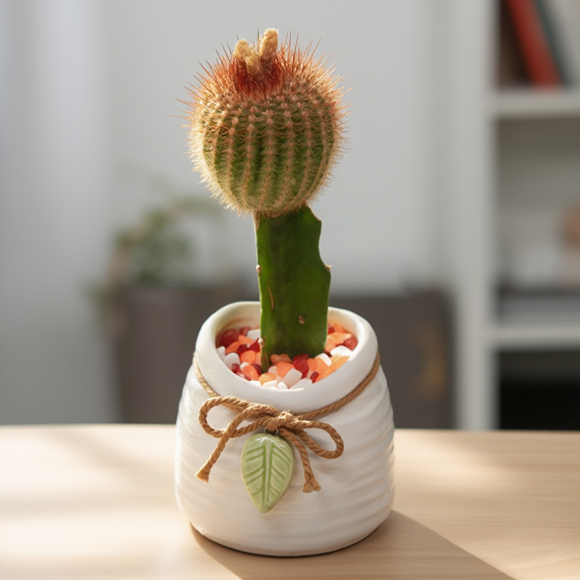 Grafted Moon Cactus in Decorative Ceramic Pot – Mini Indoor Succulent
