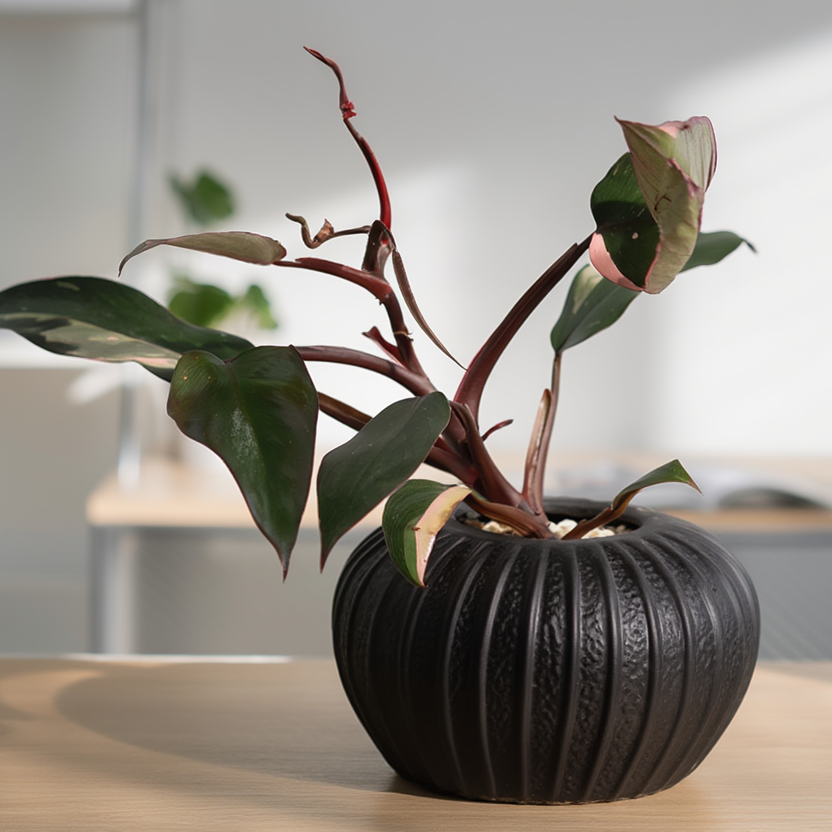 Black textured vase with a plant on a wooden surface, blurred office background