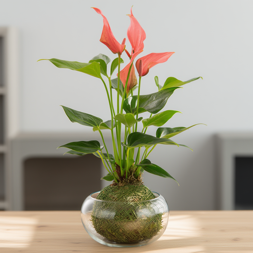 Anthurium Red Kokedama in Glass Bowl – Premium Indoor Plant
