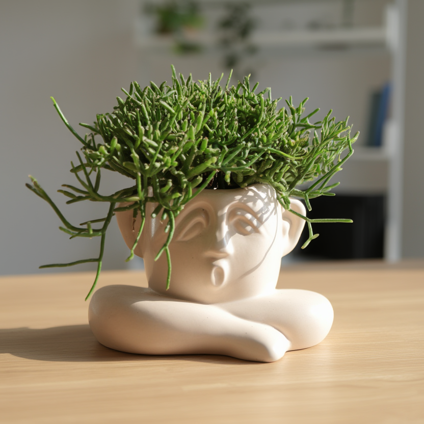 White ceramic vase shaped like a face with green plant on a wooden surface
