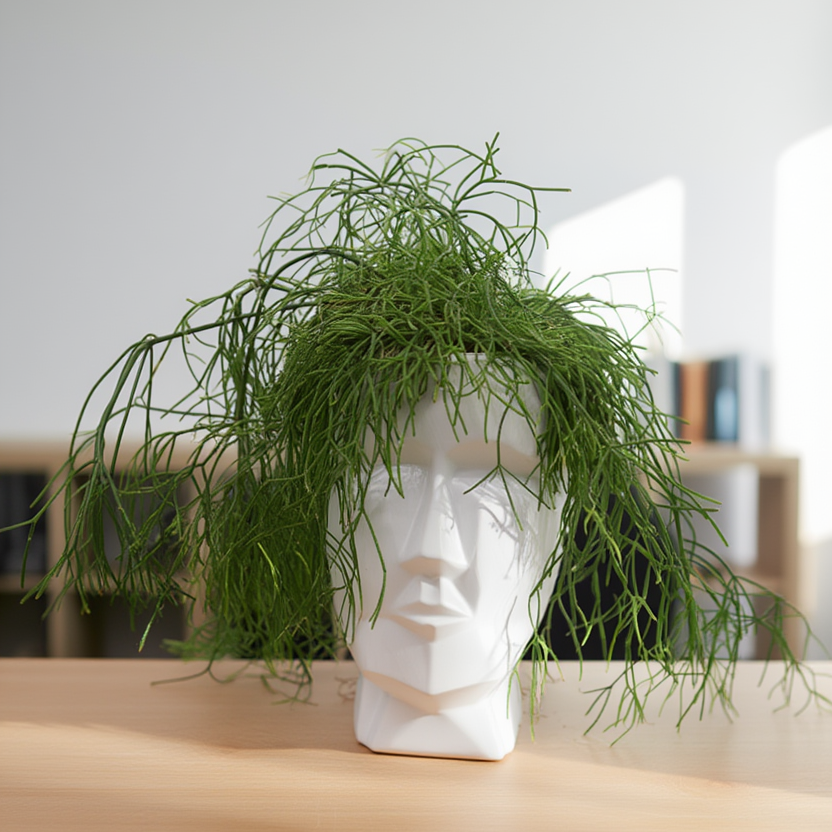White ceramic head with green plant on a wooden surface