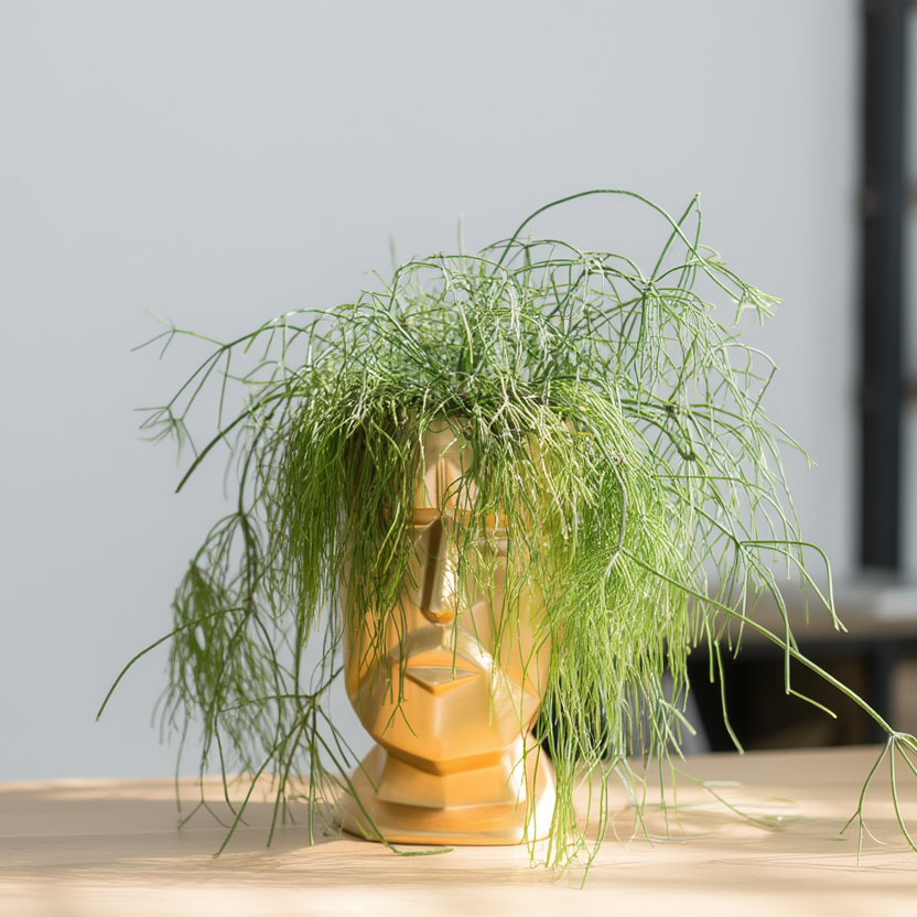 Potted plant in a gold pot on a wooden surface with a blurred background