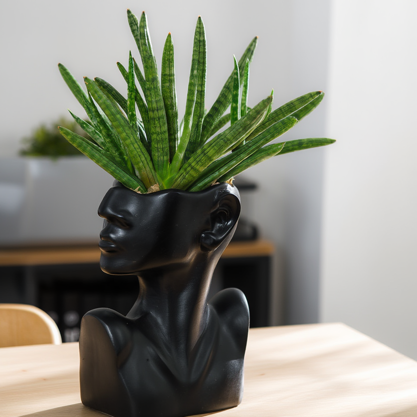 Black sculpture of a face with a green plant inside on a wooden surface.