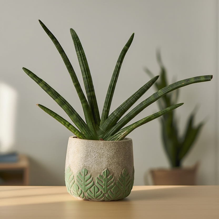 Potted aloe vera plant on a wooden surface with a blurred indoor background