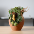 Decorative terracotta pot with plants and a banana on a wooden surface.