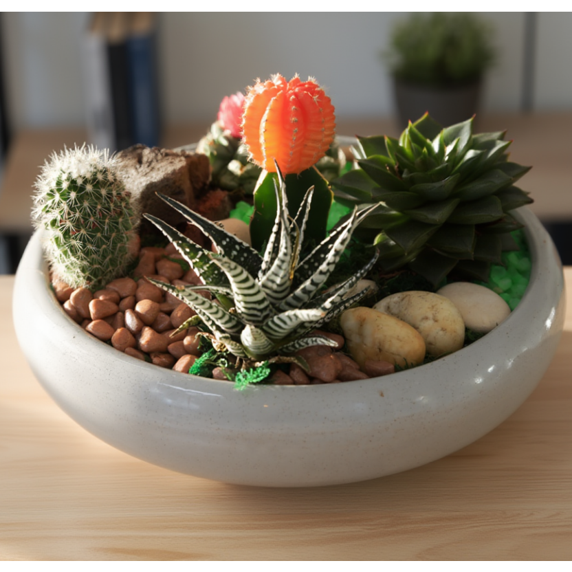 Mixed Succulent &amp; Cactus Arrangement in Ceramic Bowl – Mini Desert Garden