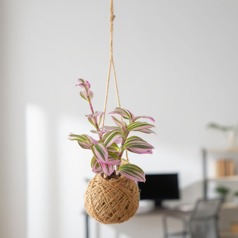 Hanging plant in a woven basket against a blurred indoor background