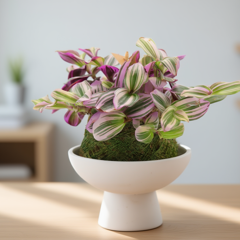 Decorative plant in a white pot on a wooden table with a blurred background