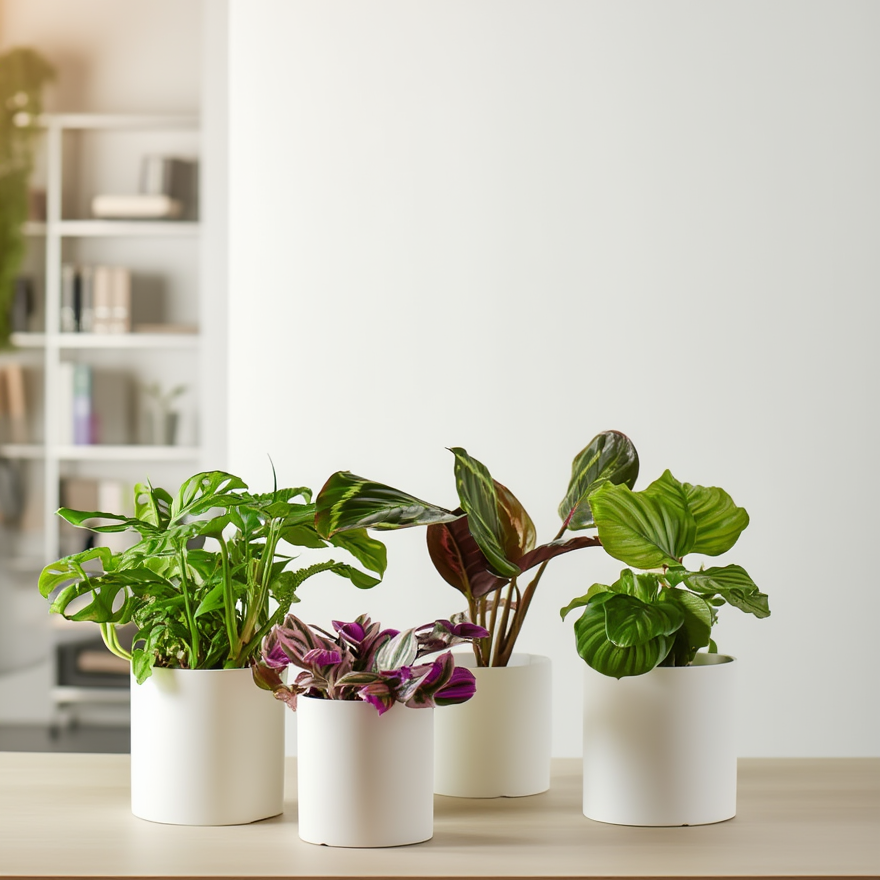 Four potted plants on a wooden surface with a blurred background