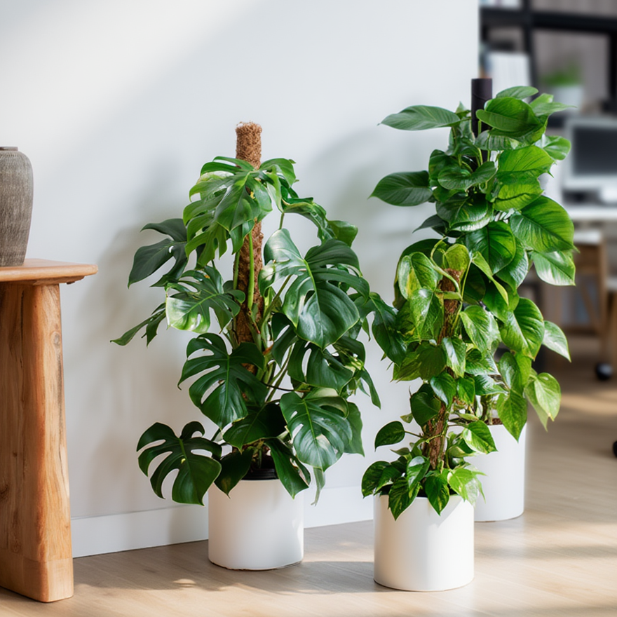 Two potted plants in a room with a wooden table and white wall.