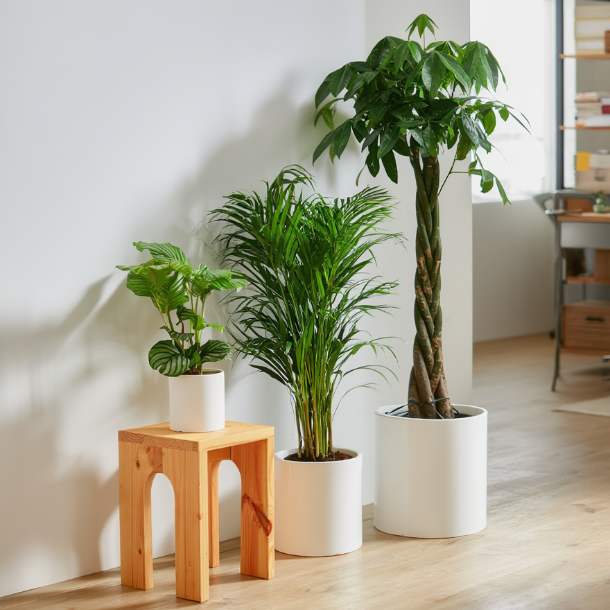 Three potted plants in a room with a wooden stool and a bookshelf.
