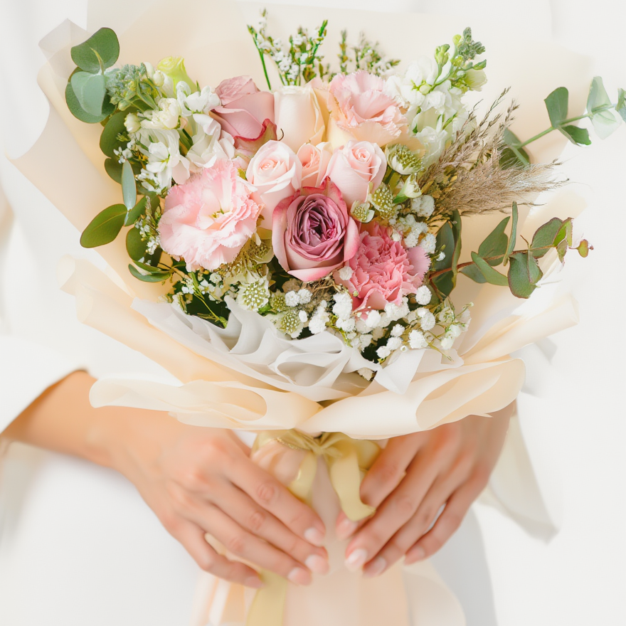 Bouquet of pink and white flowers held by a person against a light background