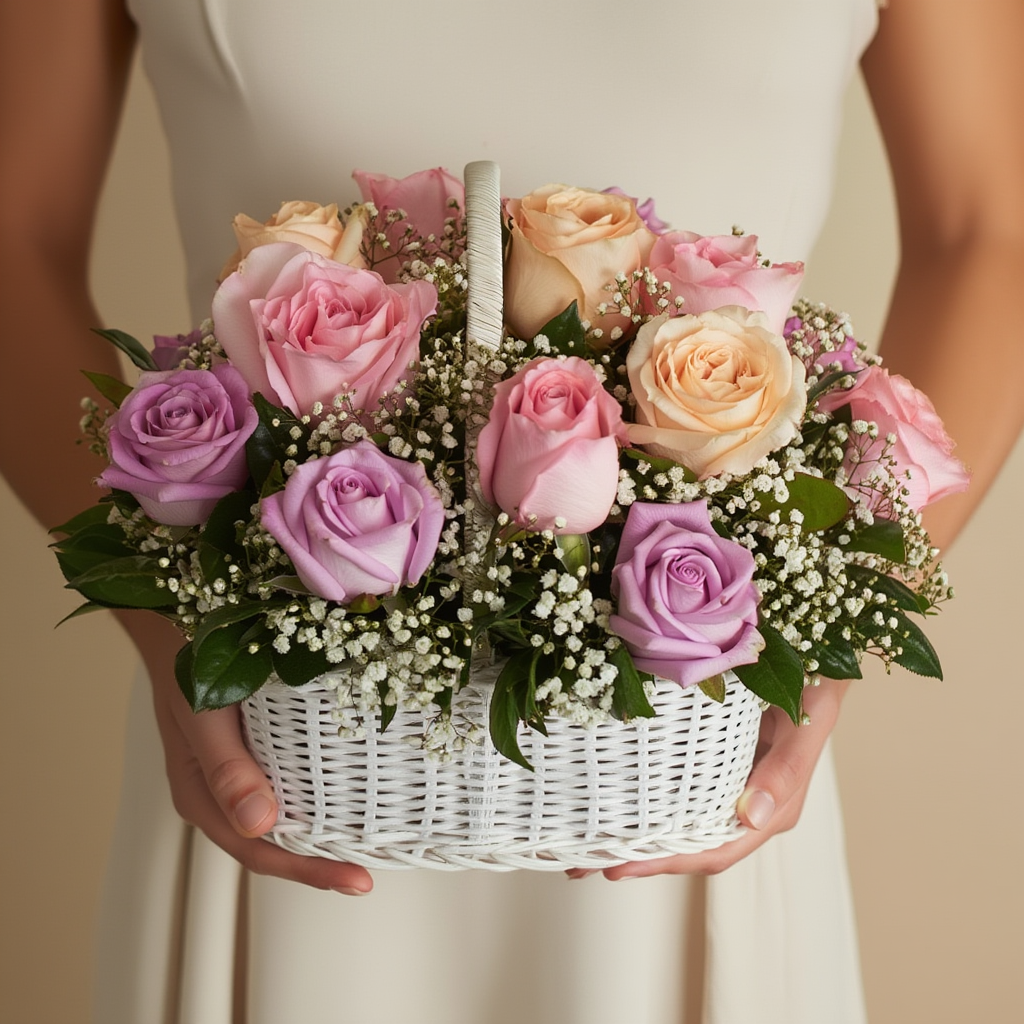 Elegant wooden basket arrangement with white, pink, and peach roses accented with gypsophila, beautifully arranged in a luxury floral basket.