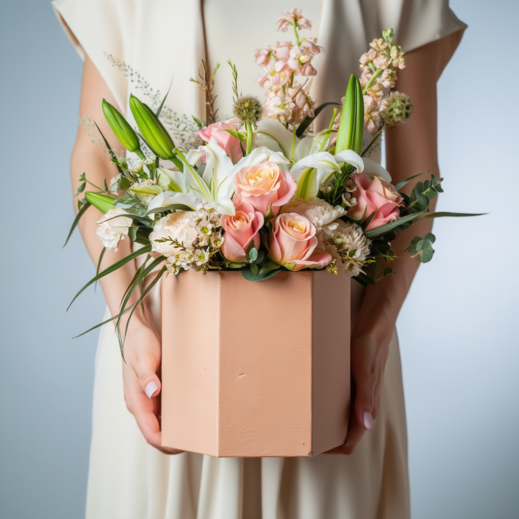 Luxury black flower box with peach and white roses