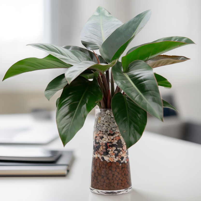 Hydroponic Philodendron Indoor Plant in Glass Vase – Elegant Desk Plant with Decorative Pebbles