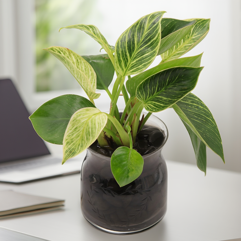 Philodendron Birkin Hydroponic Indoor Plant in Decorative Glass Pot – Premium Striped Leaf Desk Plant