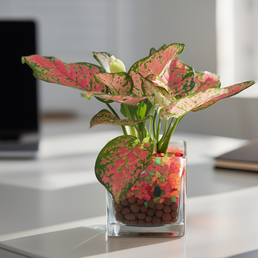 Pink Aglaonema Hydroponic Indoor Plant in Square Glass Vase