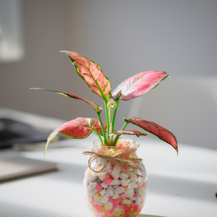 Pink Aglaonema Hydroponic Indoor Plant in Decorative Glass Vase with Pebbles
