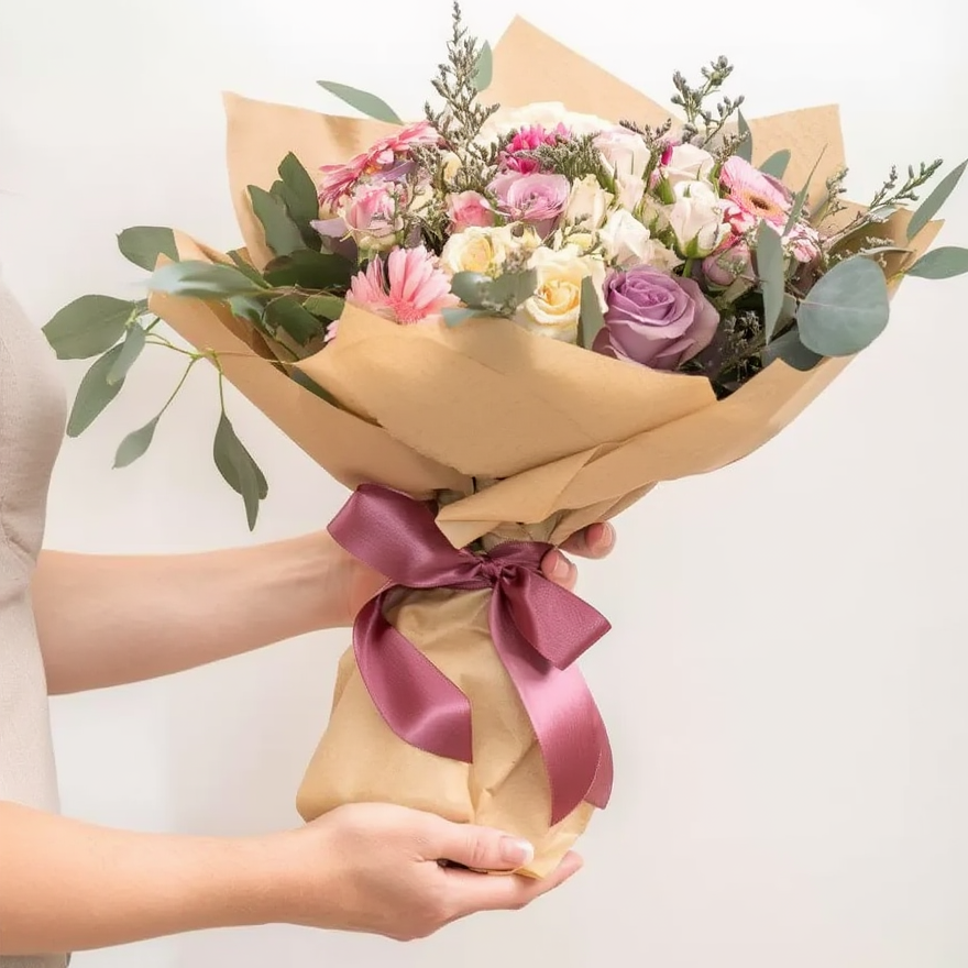 Bouquet of flowers wrapped in brown paper with a pink ribbon held by a person against a white background