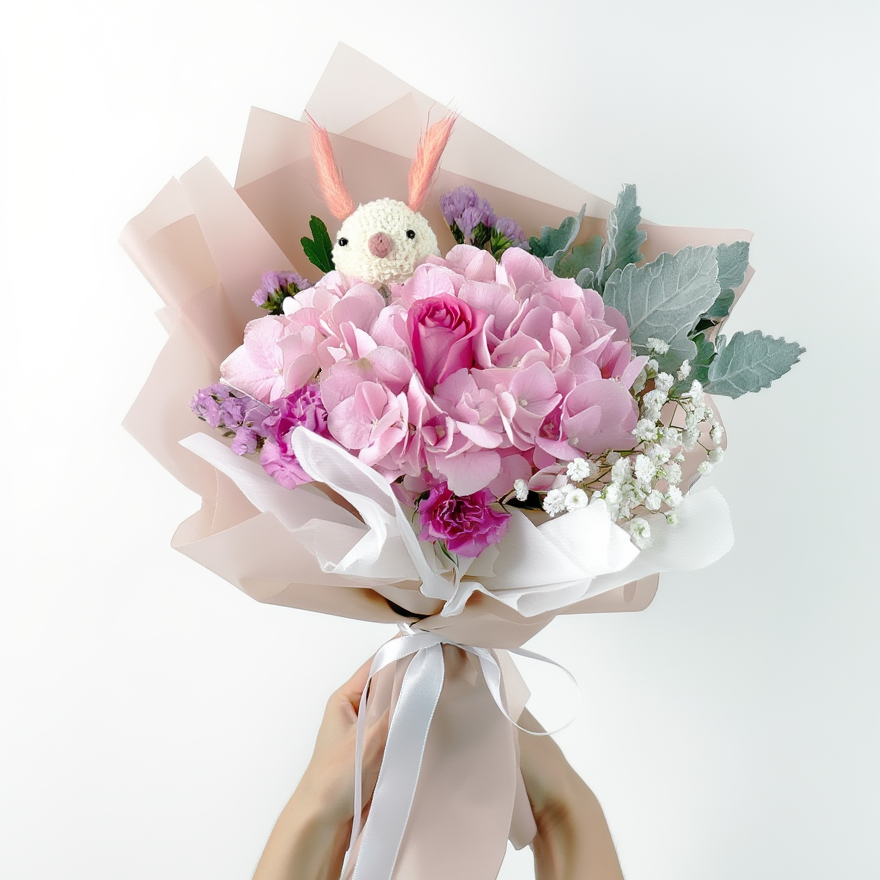 Bouquet of pink flowers with a white ribbon held by hands on a light gray background