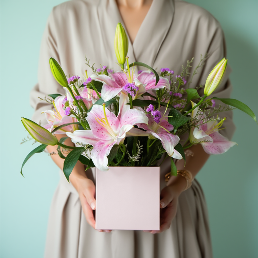 Luxury flower box with pink lilies