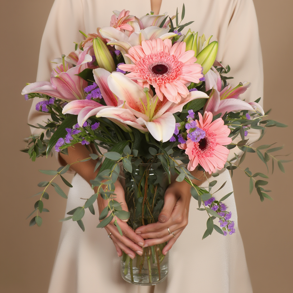 Person holding a bouquet of flowers against a beige background
