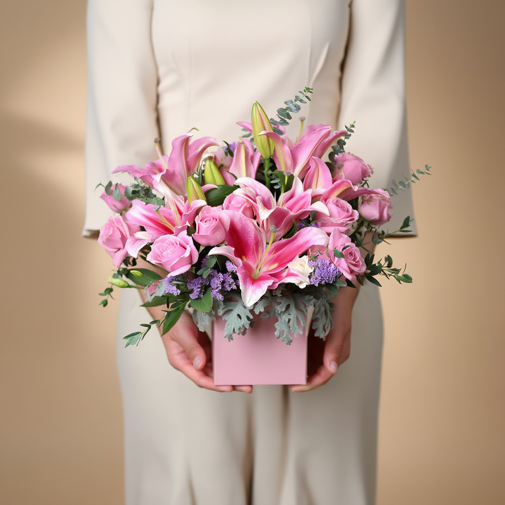 Person holding a bouquet of pink lilies in a pink box against a beige background