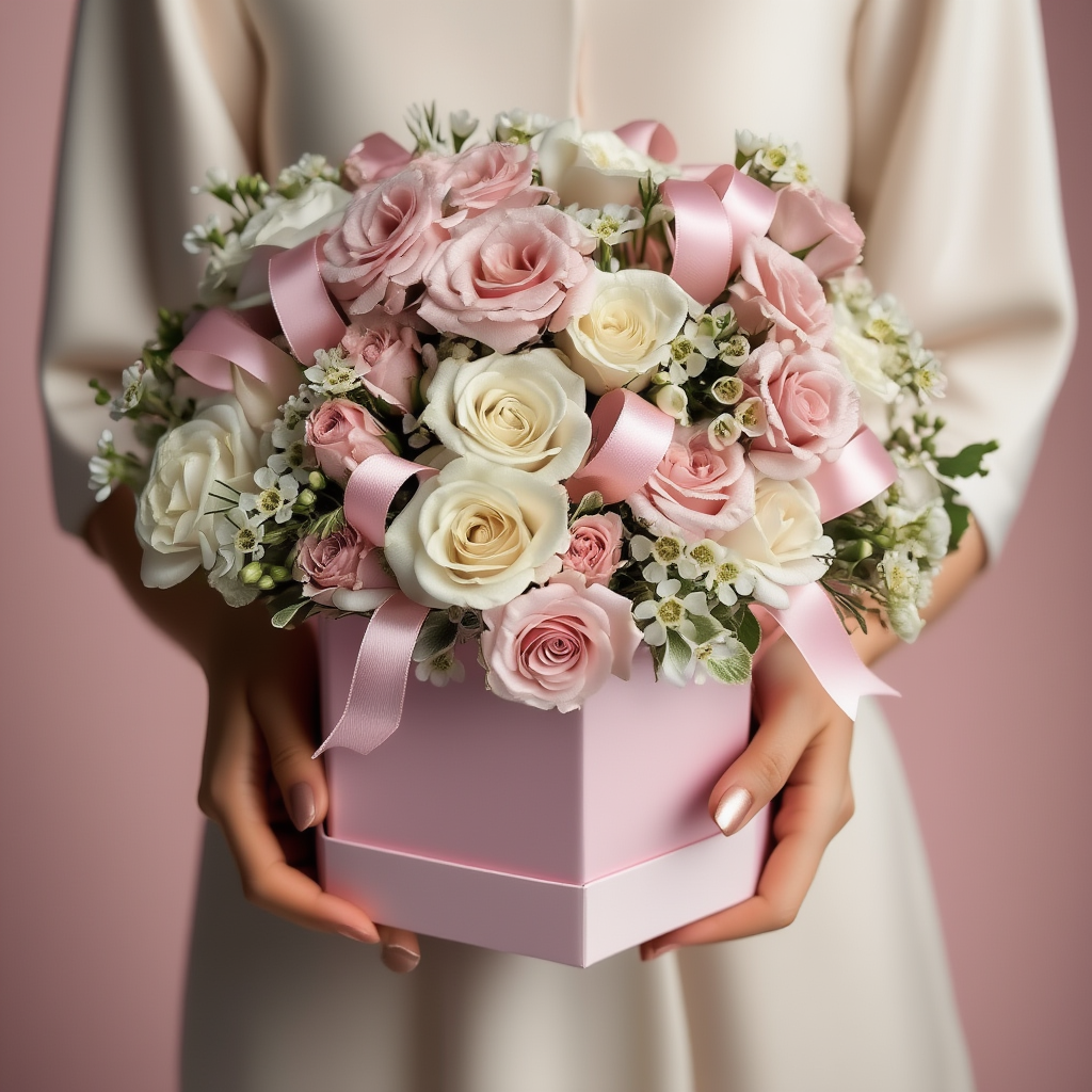 Bouquet of pink and white roses in a pink box 
