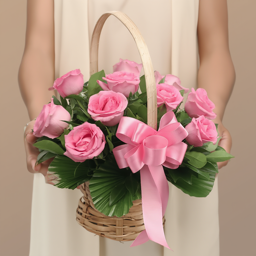Pink roses basket