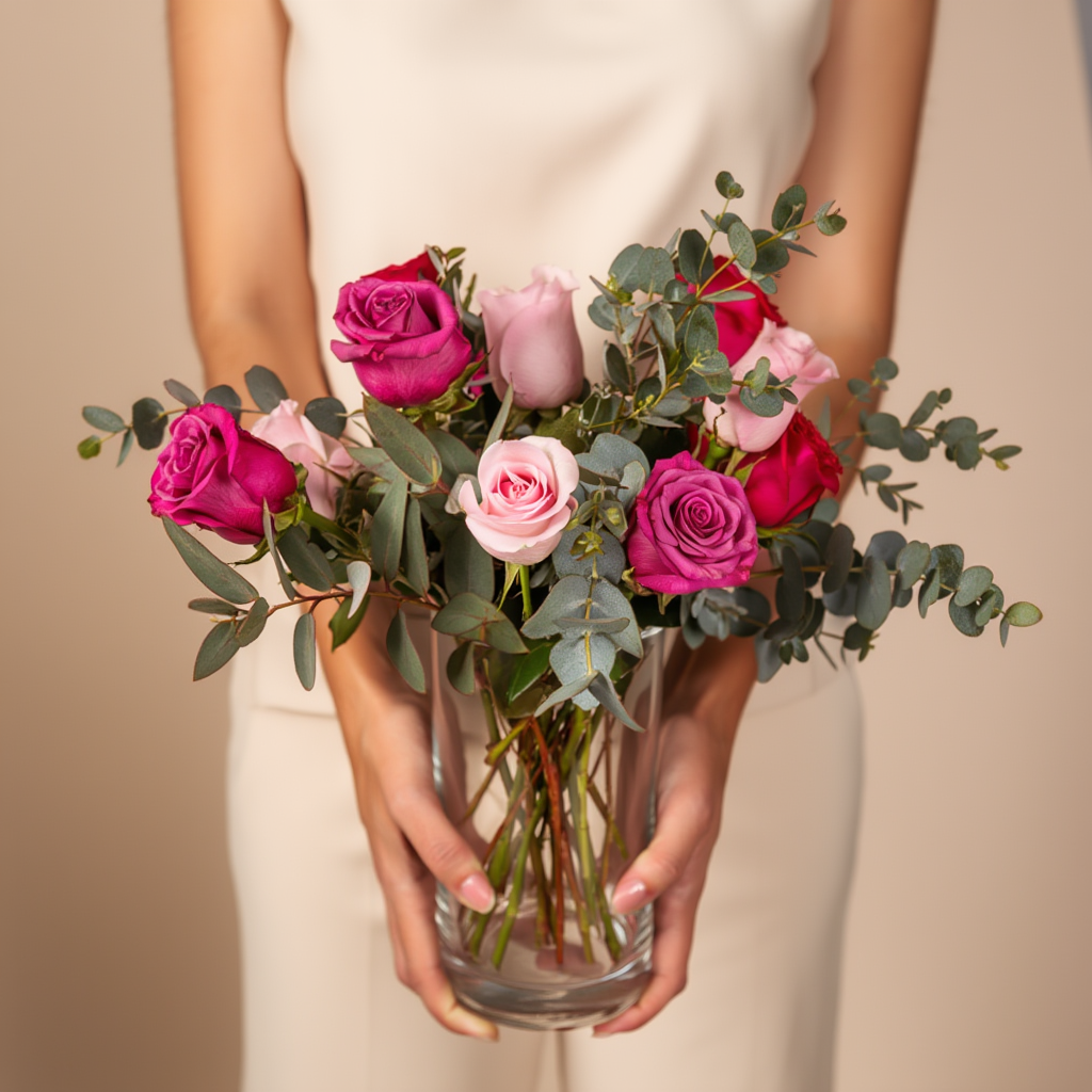 Bouquet of pink and red roses held by a person against a beige background