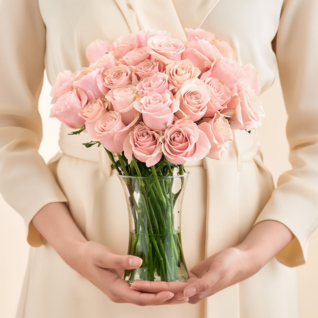 Person holding a bouquet of peach roses in a clear vase against a neutral background
