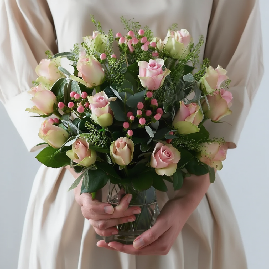 Bouquet of pink and green flowers held by a person wearing a beige dress.