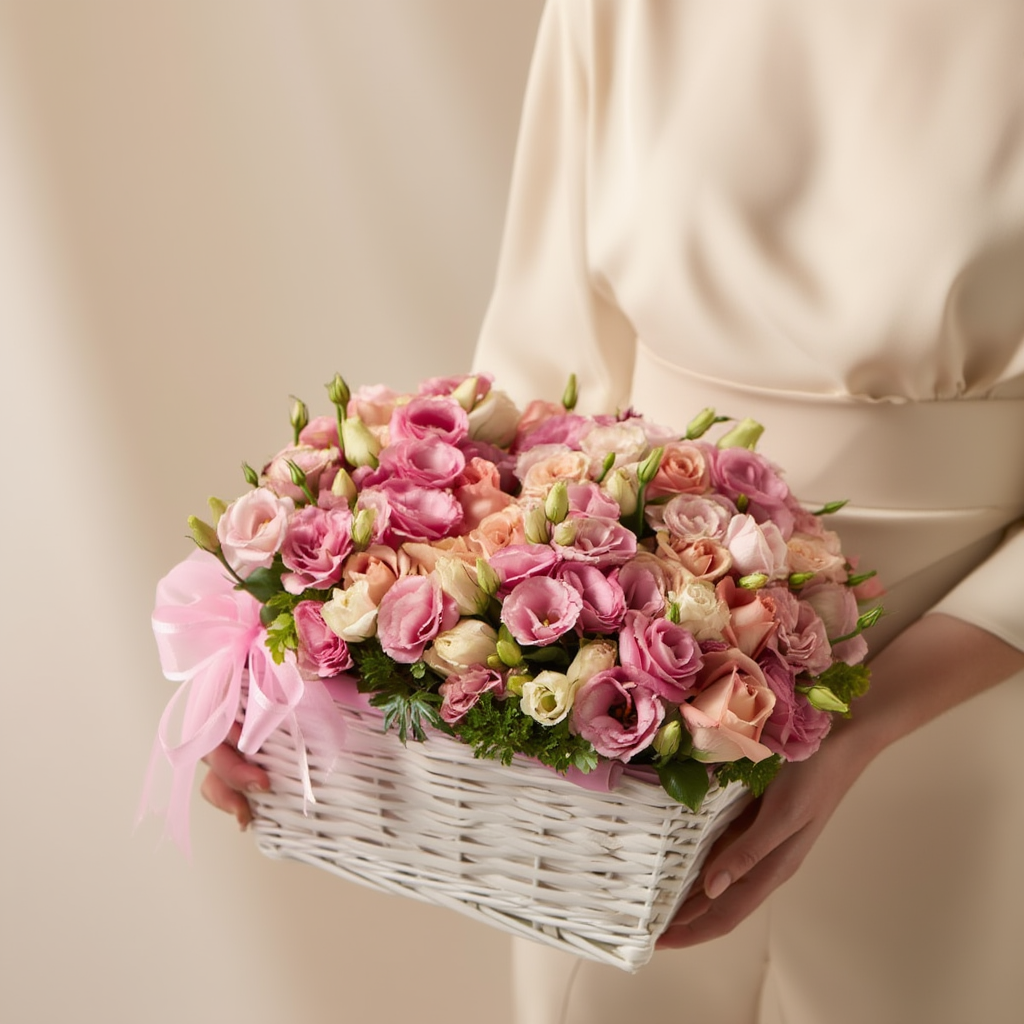 Person holding a white basket filled with pink and white flowers against a beige background