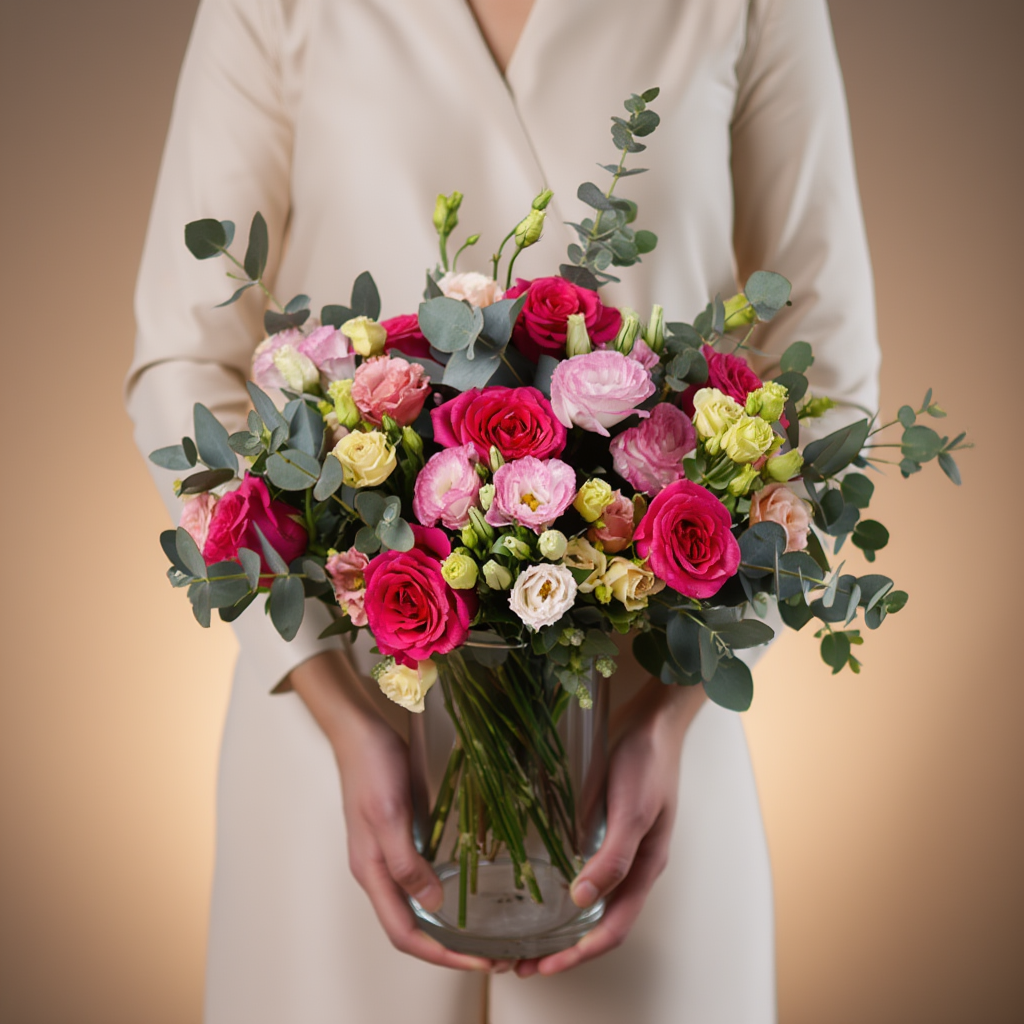 Person holding a bouquet of colorful flowers against a beige background