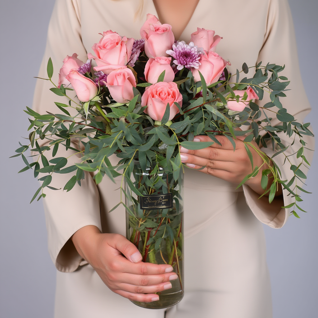 Person holding a bouquet of pink roses and greenery in a clear vase against a neutral background