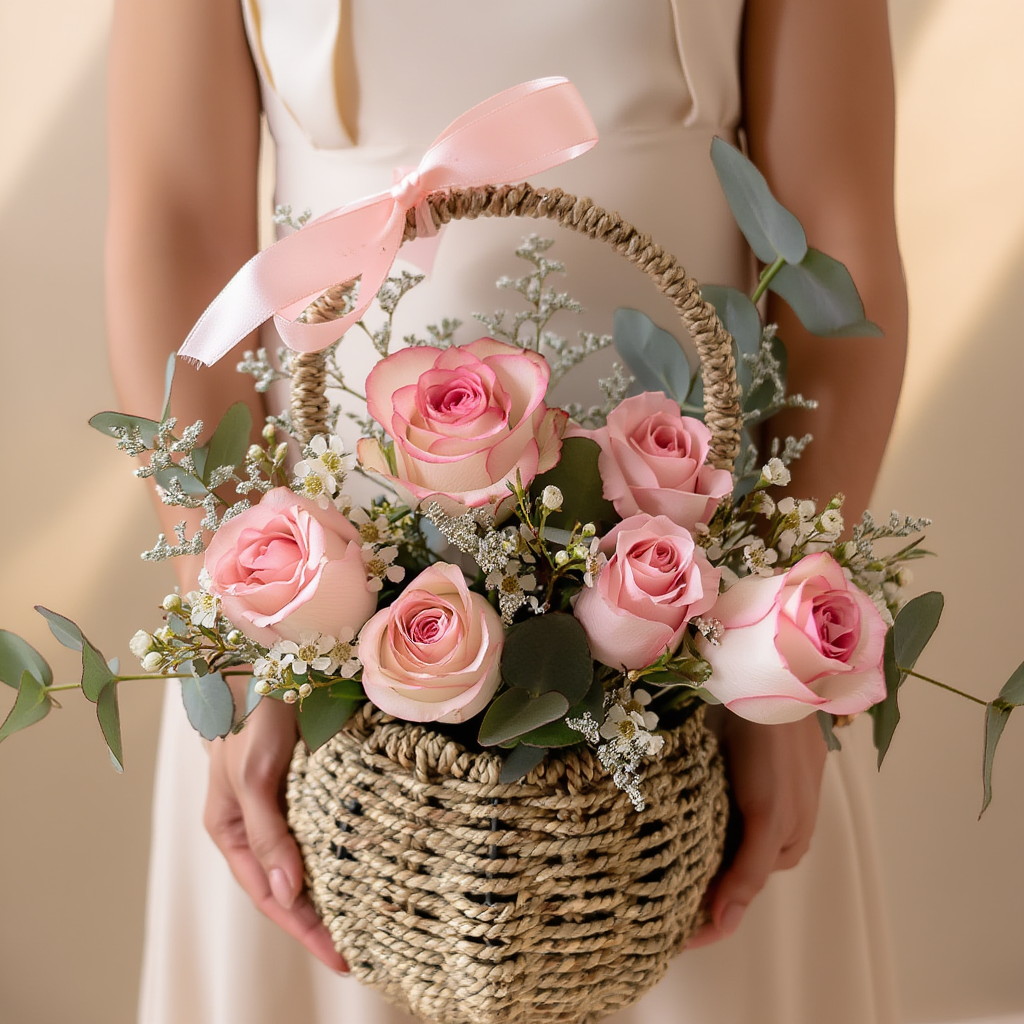 Elegant wooden basket arrangement with 10 bloomed pink roses, fresh eucalyptus, and delicate fillers beautifully arranged in a luxury floral design.
